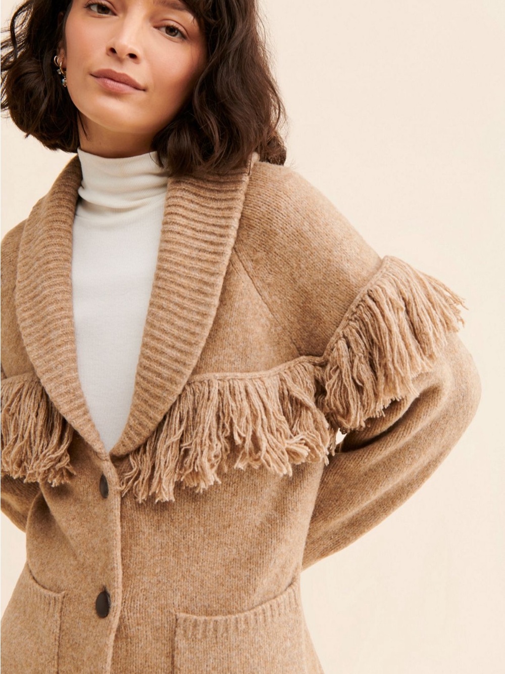 SAYLOR Camel Fringe Shawl-Collar Cardigan